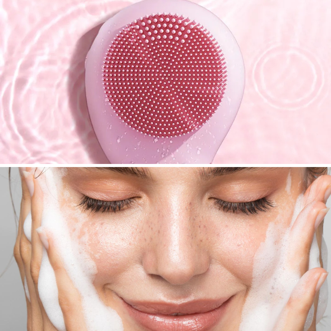 LuxeCleanse | Rosenquarz, Beautygerät mit Noppen, Gesicht/Hals Massage- & Reinigungsbürste